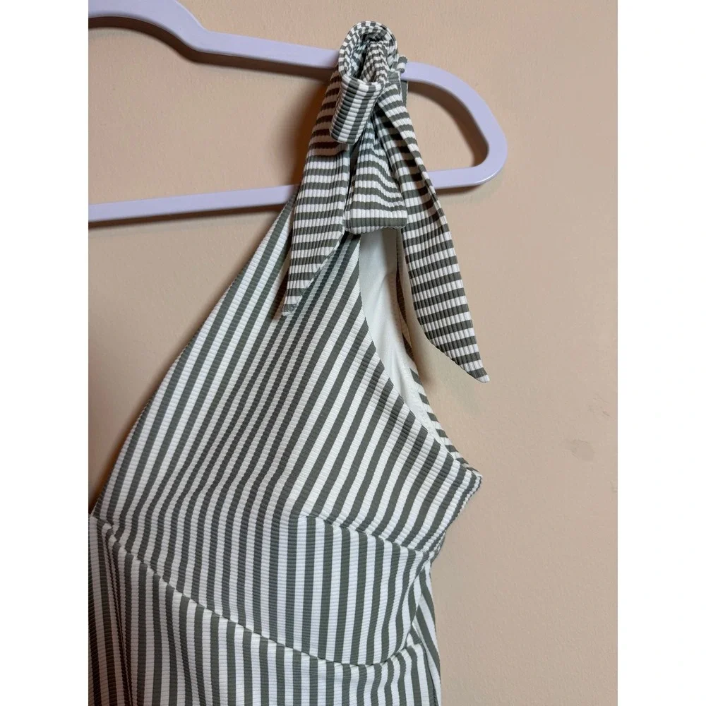 H&M Green White Striped Ribbed One Piece Swimsuit High Leg Tie Shoulder M NEW